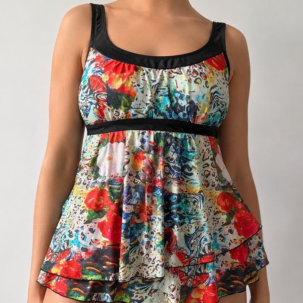Womens Modest Swimdress One Piece Swimsuit Tiered Mesh Overlay Abstract Floral L